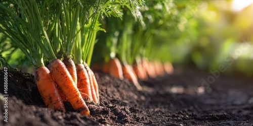The vibrant orange carrots growing in rich soil under warm sunlight.