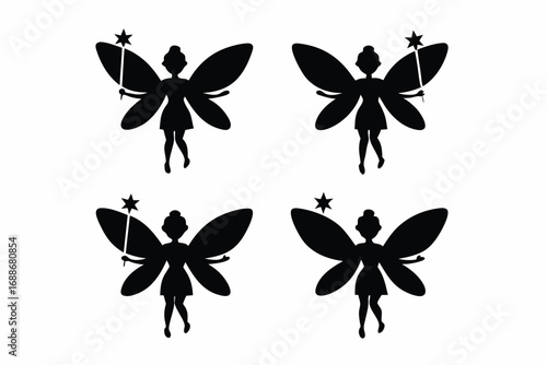 set of Fairy flying with wand icon silhouette illustration
