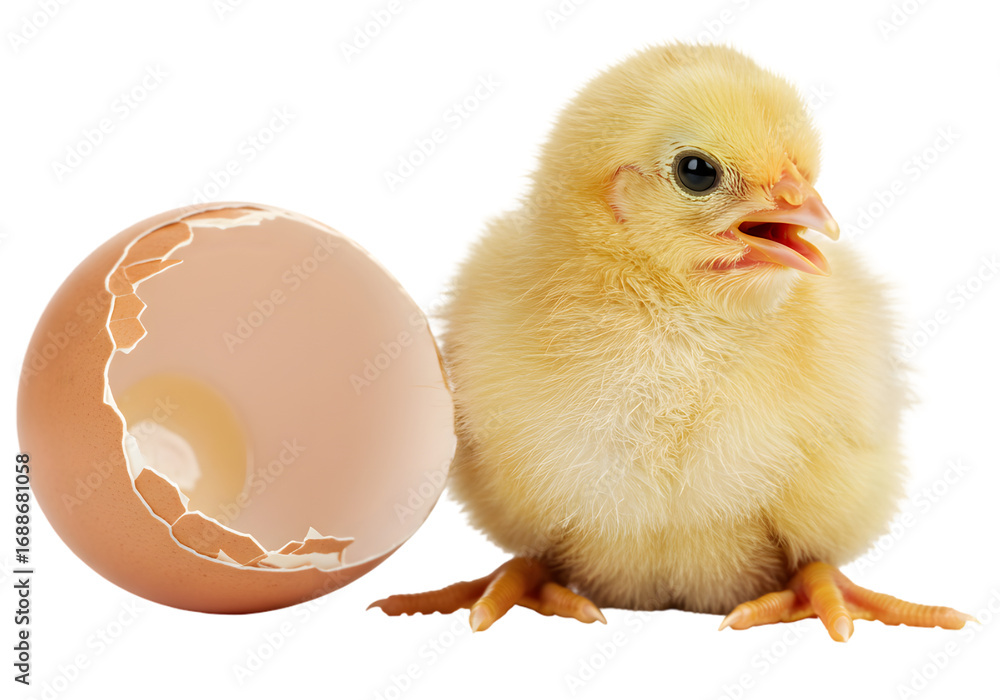 Obraz premium Newly hatched chick beside a cracked eggshell, symbolizing new beginnings in a vibrant setting