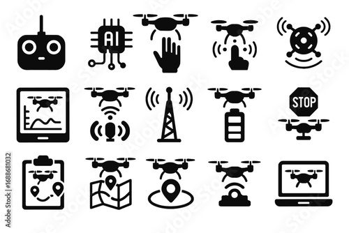 Drone vector quantum monitor interface ai emergency link icon controller gps gesture
