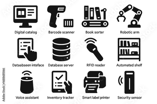 Sensor interface librarian sorter tracker vector digital smart assistant ai server icon