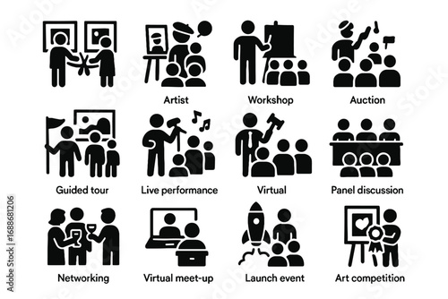 Workshop fundraiser performance virtual talk panel icon gallery vector exhibition launch