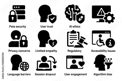 Algorithm regulatory issues icon concerns trust engagement digital therapeutic vector privacy icons