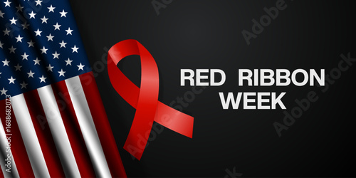 Red Ribbon Week. Red ribbon and american flag. Suitable for posters, banners and social media. Bkack background.