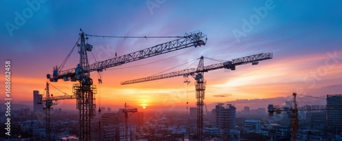 The industrial skyline under a vibrant sunset with construction cranes.