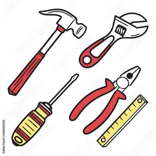 Vector illustration of carpenter and repair tools, including hammer, wrench, screwdriver, and pliers