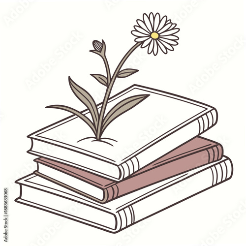 Stack of books with a daisy and leaves growing on a light background Keywords: book, stack, daisy, flower