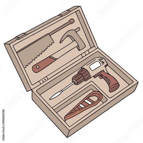 Vector illustration of a wooden tool case with hammer, pliers, screwdriver, and construction accessories
