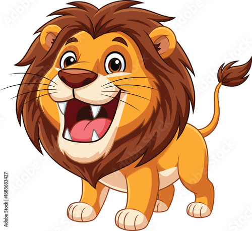 Smiling cartoon lion with big mane and open mouth, cute wild jungle animal character vector illustration for kids and safari design.