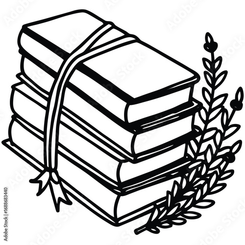 Stack of Five Books Tied with Ribbon and Laurel Branch Outline Keywords: books, stack, tied, ribbon, laurel