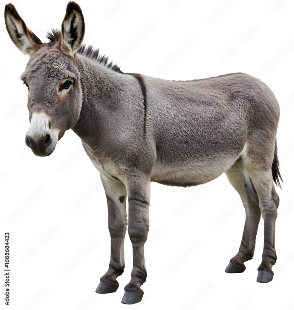 Fototapeta premium A grey donkey standing calmly, showcasing its features against a transparent background