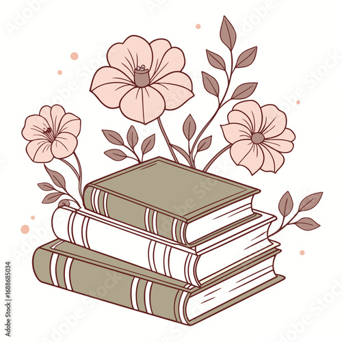 Three Books with Pink Flowers and Branches Illustration stack reading