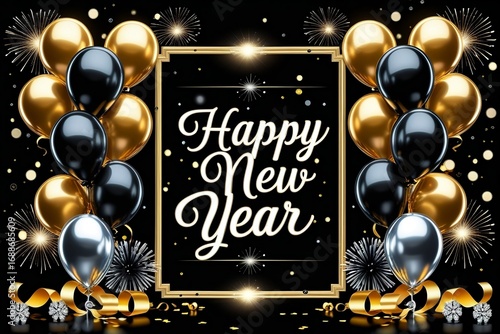 Elegant Black and Gold Balloons with Fireworks Celebration Happy New Year Greeting Card Design AI-Generated
