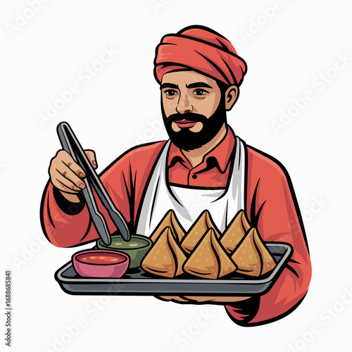 Indian Street Food Vendor Serving Samosas Illustration