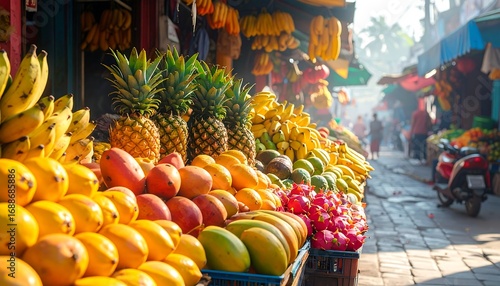 Fototapeta Naklejka Na Ścianę i Meble -  Abundant display of tropical fruits at a sunny market stall