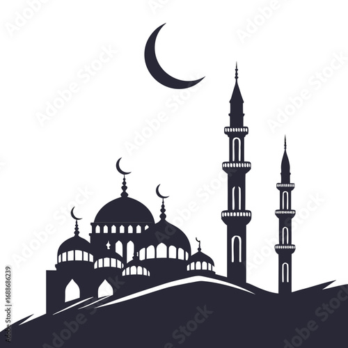 Illustration of a mosque with a crescent moon, showcasing islamic architecture and cultural symbolism in a minimalist design suitable for various applications