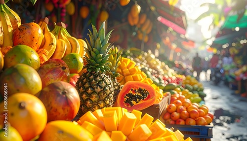 Fototapeta Naklejka Na Ścianę i Meble -  Assortment of tropical fruits at a vibrant outdoor market