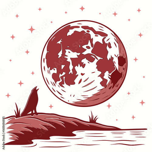 Vector art of a wolf howls at the blood moon, standing on a hill by the water, stars twinkling in the sky, creating a mystical and captivating image