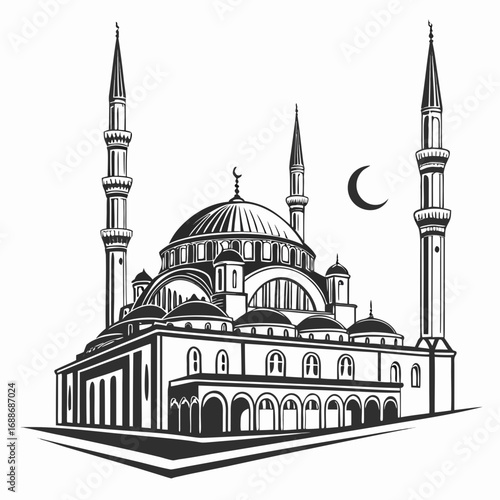 Vector art of detailed illustration of a grand mosque with towering minarets and a crescent moon, reflecting islamic architectural grandeur and cultural heritage