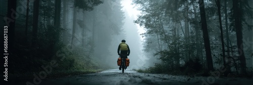 Cyclist Exploring Foggy Forest Trails with Panniers, Embracing Nature on a Touring Adventure