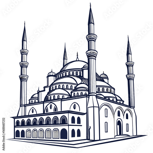 Vector art of detailed line art of a majestic mosque with multiple minarets and domes, , capturing the grandeur of islamic architecture and cultural heritage in a single illustration