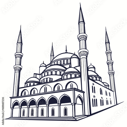 Vector art of detailed line art of a majestic mosque with towering minarets and multiple domes, captures the essence of islamic architectural grandeur
