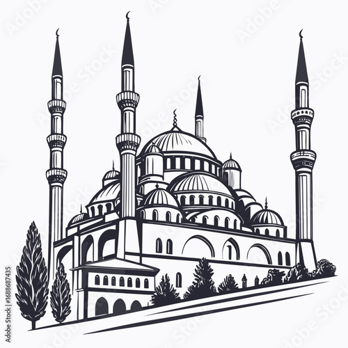 Vector art of elegant line drawing of a majestic mosque with towering minarets and intricate domes, set against a pristine a symbol of islamic heritage and artistry