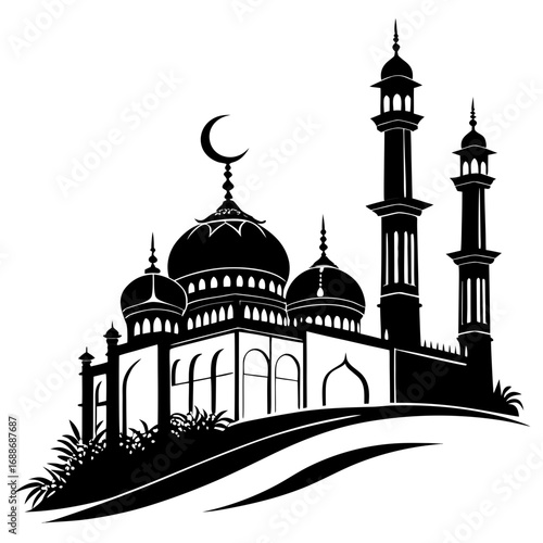 Vector art of silhouette of a mosque with domes and minarets, a symbol of islamic architecture and culture, , evoking a sense of spirituality and tradition in the middle east