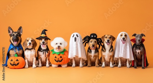 Group of dogs in halloween costumes a cute and festive scene with a plain orange background