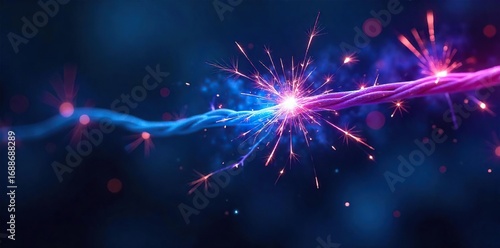 Close-up of sparking electrical wires, glowing blue and purple, against a dark, metallic background A futuristic and energetic image perfect for tech or energy concepts , circuit, conductive