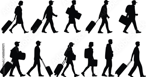 Business travelers walking with luggage, people carrying bags, airport commuters, silhouette group walking, travel concept, professional travelers, journey on foot, urban travel scene