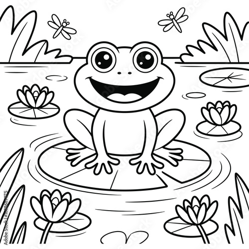 Cute Cartoon Frog on Lily Pad or Lotus Pond Scene kids Coloring page with Dragonflies children Outline Drawing coloring book activity Print
