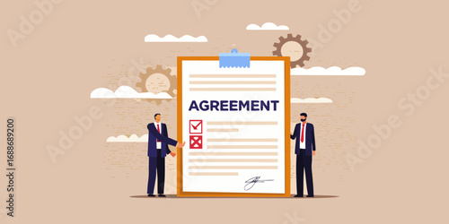 Two businessmen reviewing a large agreement document with checkmarks and crosses indicating approval and rejection