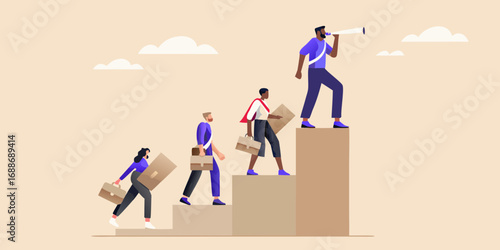 Diverse group of business people climbing stairs towards a leader looking through a telescope