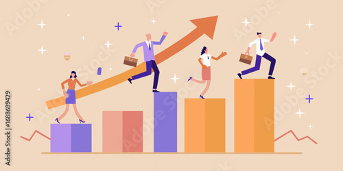 Diverse business professionals climbing upward on a bar graph with an ascending arrow symbolizing growth and success