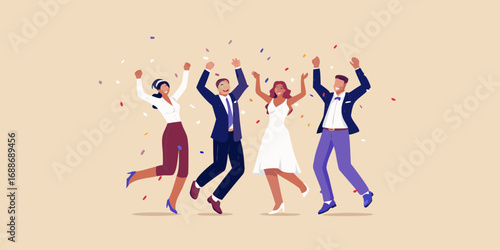 Diverse group of friends and couples celebrating and jumping with confetti falling down