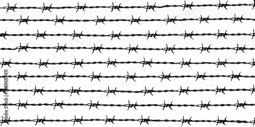 Seamless pattern of sharp barbed wire strands against a clean white background