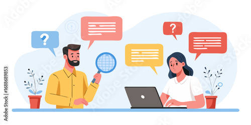 Man with magnifying glass and woman on laptop communicating with speech bubbles and question marks
