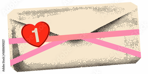 Vintage envelope with red heart notification and pink ribbon halftone dot pattern