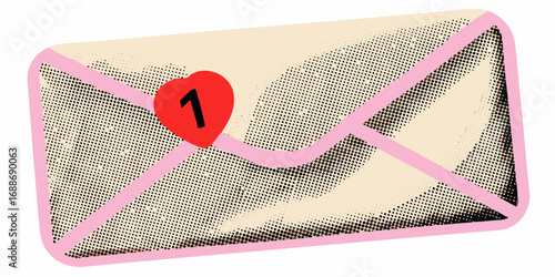 A single new message notification on a cream colored envelope with pink trim and a red heart icon showing the number one