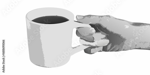 Close up of a hand holding a white mug filled with dark liquid on a white background