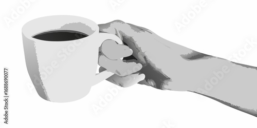 Close up of a hand holding a white mug filled with dark coffee against a white background