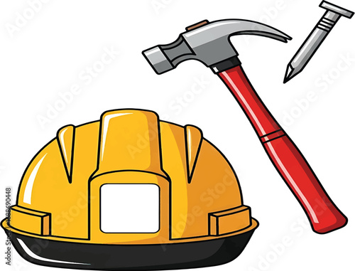 Vector illustration of essential construction and building tools, including a yellow safety hard hat, a classic claw hammer, and a metal nail