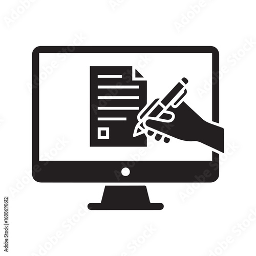 Digital signature black glyph icon. E-signing an online document on a computer screen. Hand with stylus signing electronic contract or form.
