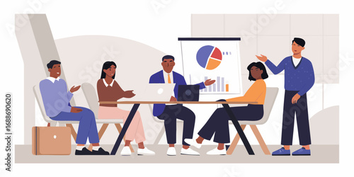 Diverse business team collaborates in a modern office meeting presenting data on a flip chart