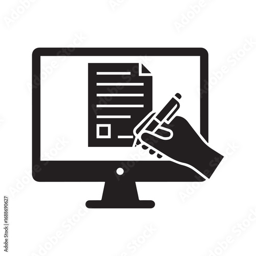 Digital signature black glyph icon. E-signing an online document on a computer screen. Hand with stylus signing electronic contract or form.
