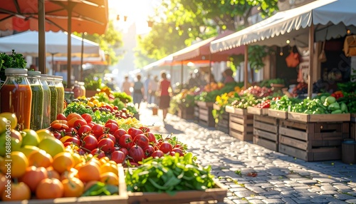 Outdoor market stall with fresh fruits vegetables and juices