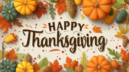 Thanksgiving Holiday Typography with Fall Leaf Border