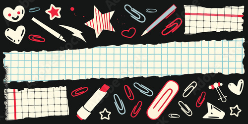Cute hand drawn school supplies and stationery elements on a dark background