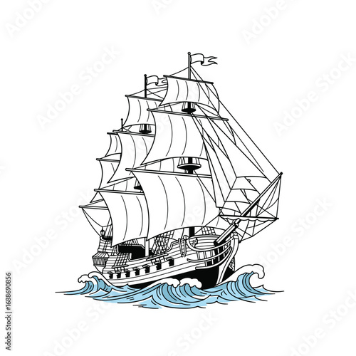 A detailed line drawing of a majestic tall ship sailing on wavy ocean waters